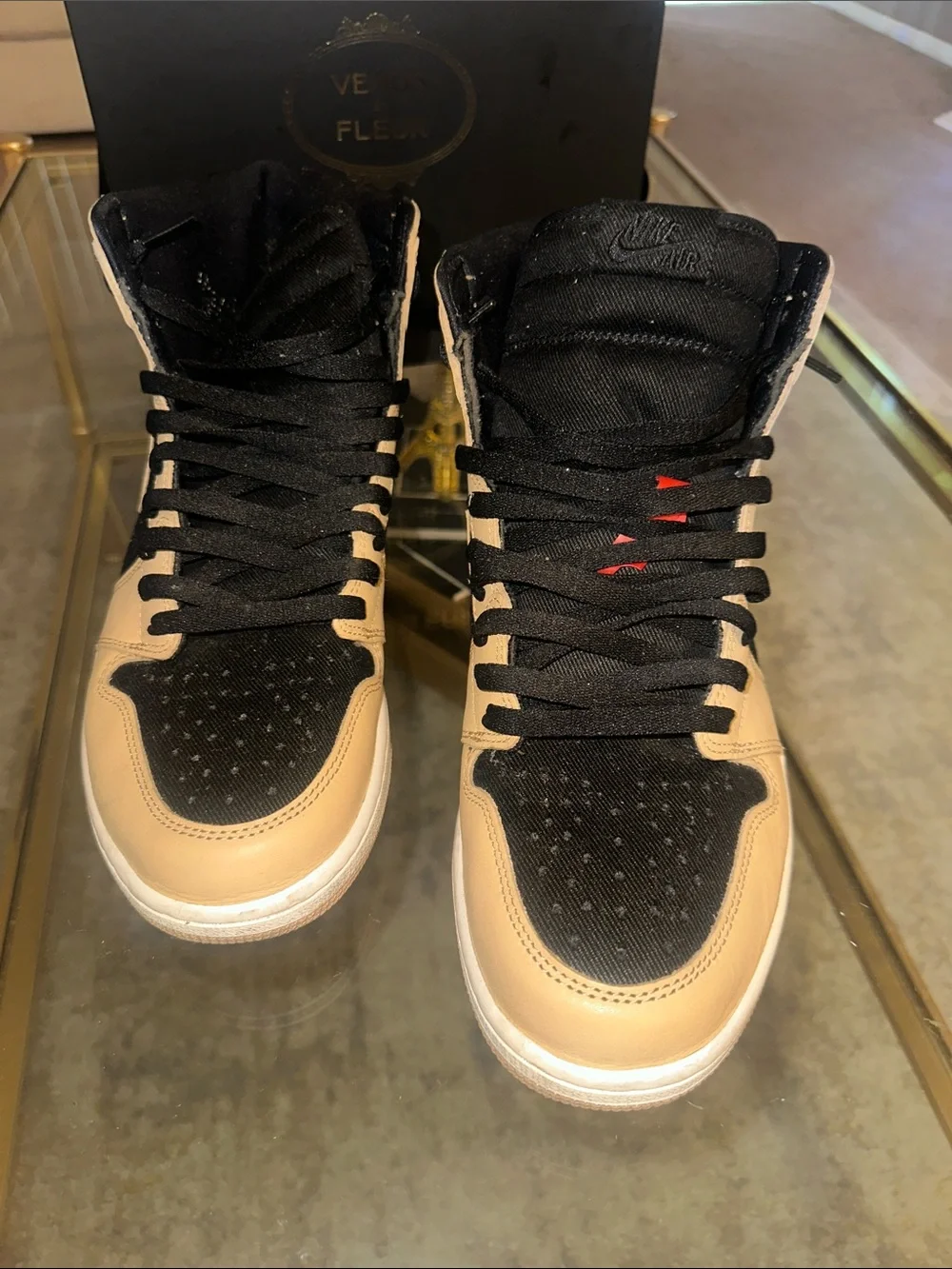Nike Air  High-Top Sneakers in Black and Tan with Red Accents
